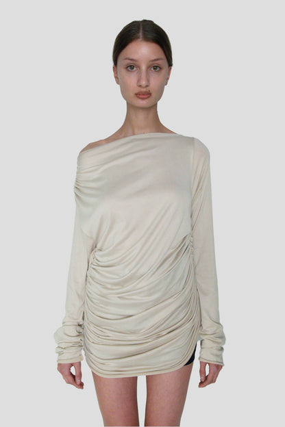 ASYMMETRICAL DRAPPED LONG SLEEVE BEIGE